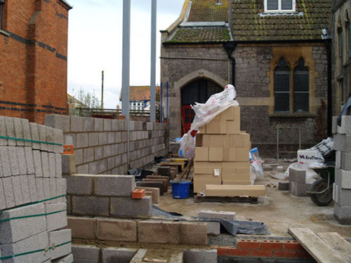 23/4/08 The steel work is in place and the block work has started to be laid.